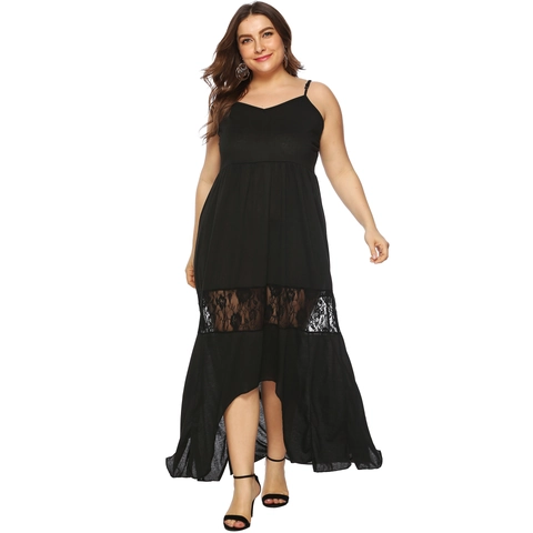 Vestido de Talla Grande para Mujer Negro Patchwork de Encaje Tirantes de Espagueti Dobladillo Corto y Largo Cuello en V Sexy Fiesta Verano Vestido Largo