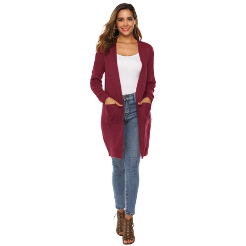 Mujer Casual Color Sólido Manga Larga Cárdigan de Punto Suéter Con Bolsillos Frente Abierto Largo Otoño Invierno