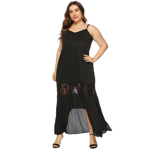 Vestido de Talla Grande para Mujer Negro Patchwork de Encaje Tirantes de Espagueti Dobladillo Corto y Largo Cuello en V Sexy Fiesta Verano Vestido Largo