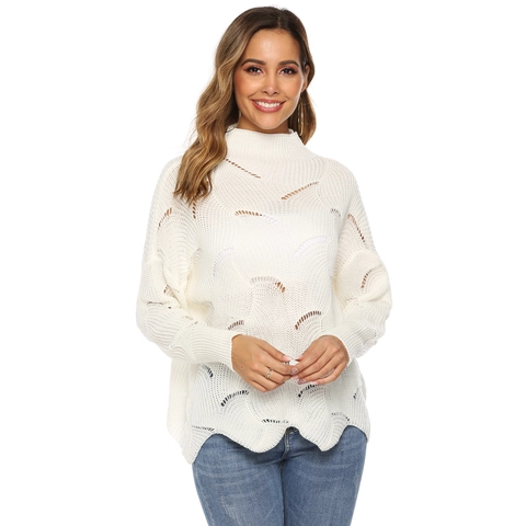 Suéter de Punto Calado con Cuello Alto para Mujer Borde Ondulato Color Sólido Manga Larga Pulóver Casual Elegante Otoño Invierno