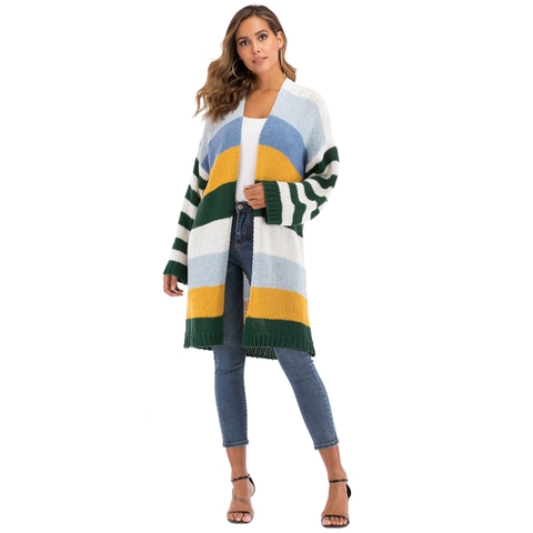 Cardigan in Maglia a Righe Color Block da Donna Giacca Maglione Spessa Patchwork a Maniche Lunghe con Apertura Frontale