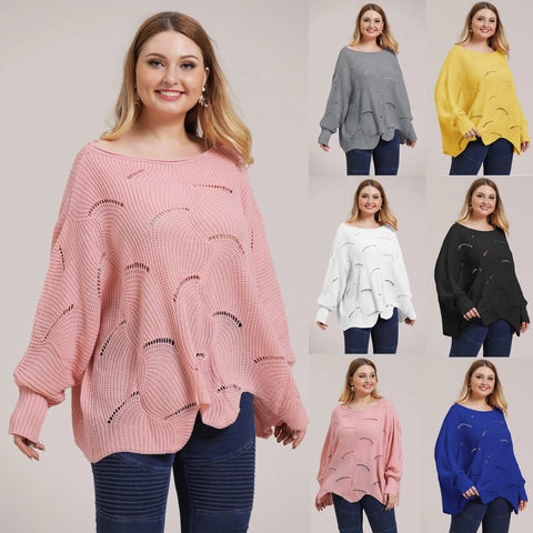 Maglione da Donna Taglie Forti Manica a Pipistrello Traforato Maglia Ampio Tinta Unita Scollo a Barca Pullover in Acrilico