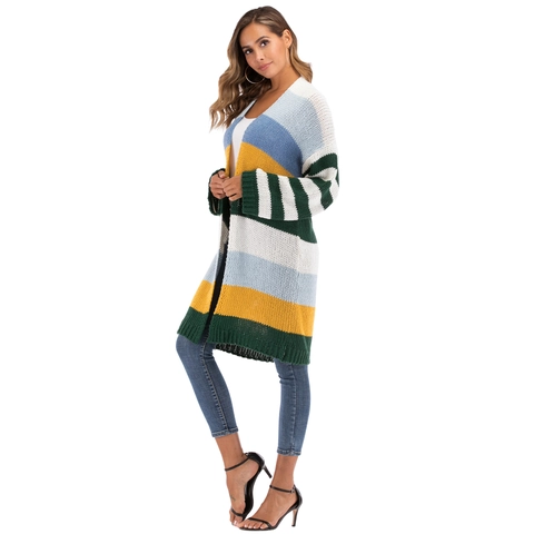 Cardigan in Maglia a Righe Color Block da Donna Giacca Maglione Spessa Patchwork a Maniche Lunghe con Apertura Frontale
