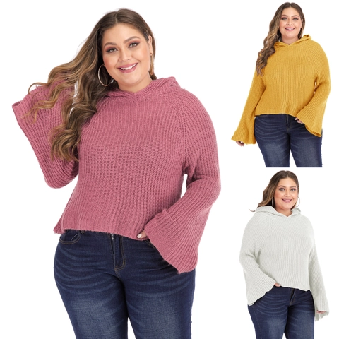Women's Plus Size Bell Sleeve Hooded Knit Sweater Loose Chunky Pullover Top Plain Casual Solid Color Long Sleeve Knitwear