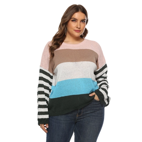 Women's Plus Size Striped Colorblock Knit Sweater Casual Loose Crew Neck Long Sleeve Pullover Tops Fall Urban Casual Knitwear