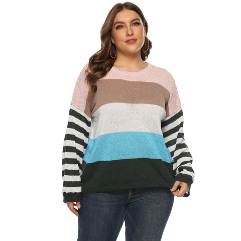 Women's Plus Size Striped Colorblock Knit Sweater Casual Loose Crew Neck Long Sleeve Pullover Tops Fall Urban Casual Knitwear