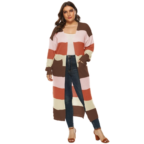 Γυναικεία Casual Μακριά Πλεκτή Ζακέτα Color Block Ανοιχτή Μπροστά Ριγέ Πουλόβερ Με Τσέπες Πλευρικό Σχίσιμο Πλεκτά