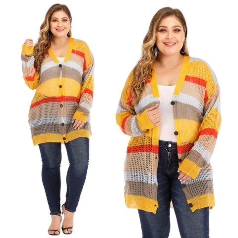 Gilet en Maille Rayé Coloré Grandes Tailles Femme Col en V Léger Pull Manches Longues Haut Décontracté Quotidien