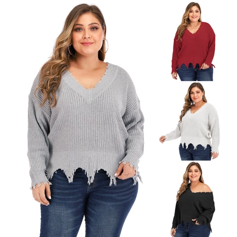 Plus Size Women V-Neck Knit Sweater Distressed Frayed Edge Oversized Pullover Long Sleeve Solid Color Jumper Top Casual Wear