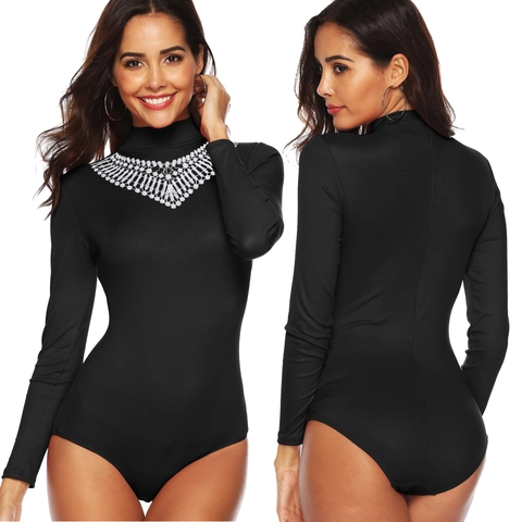 Body de Manga Larga de Canalé para Mujer Patchwork de Encaje Top de Cuello Alto Ajustado Color Sólido Elegante Negro