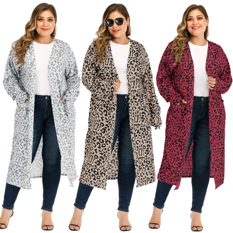 Damen Plus Size Strickjacke Mit Leopardenmuster Langarm Offene Front Jacke Mit Taschen Lässig Locker Lange Passform Top