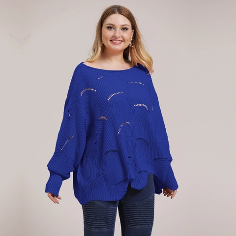 Maglione da Donna Taglie Forti Manica a Pipistrello Traforato Maglia Ampio Tinta Unita Scollo a Barca Pullover in Acrilico