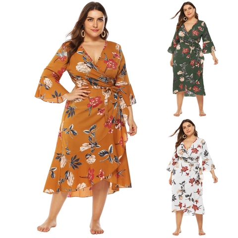 Damen Plus Size Blumenmuster Wickelkleid V-Ausschnitt Glockenärmel Volant Saum Unregelmäßig Bindegürtel Polyester Mittellanges Kleid