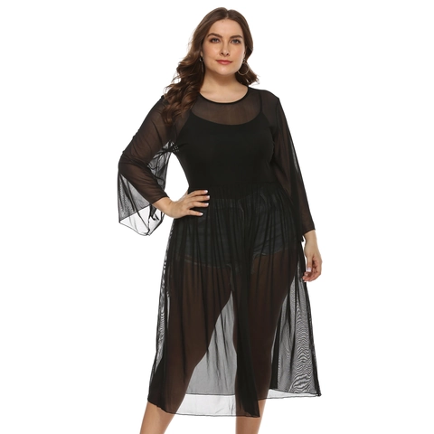 Vestido Cubre-bikini de Malla Transparente Negro Sexy Talla Grande Manga Acampanada Cuello Redondo Midi para Mujer