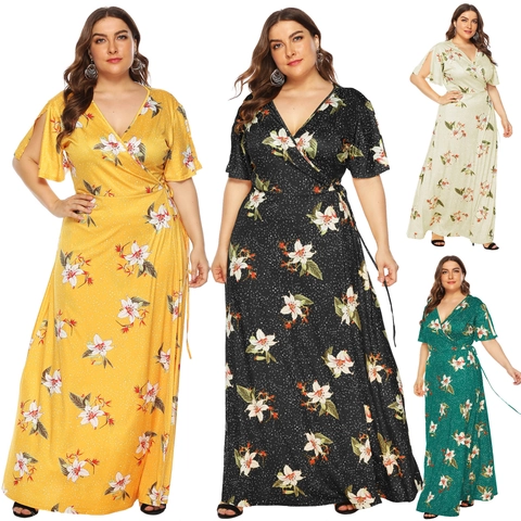 Damen Plus Size V-Ausschnitt Blumenmuster Wickelkleid Maxi Kurzarm Schlitz Taille Bindegürtel Sommer Boho Lang Kleid