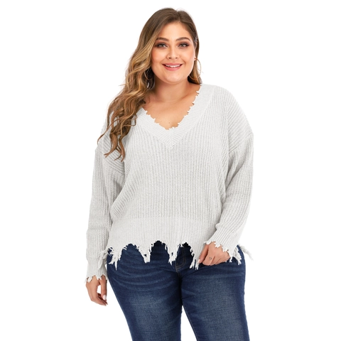 Plus Size Women Pullover Sweater V Neck Long Sleeve Polyester Distressed Fringe Casual Loose Knit Top