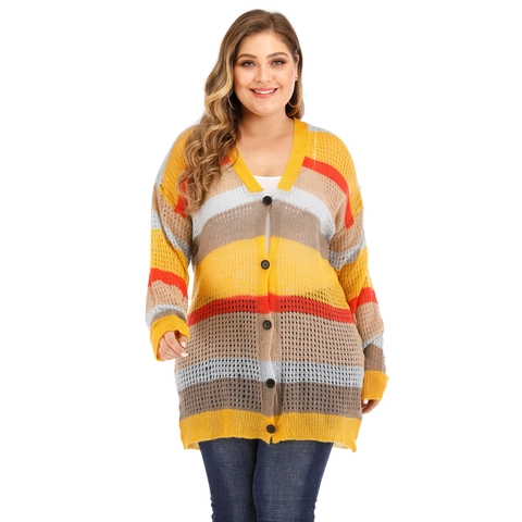 Gilet en Maille Rayé Coloré Grandes Tailles Femme Col en V Léger Pull Manches Longues Haut Décontracté Quotidien