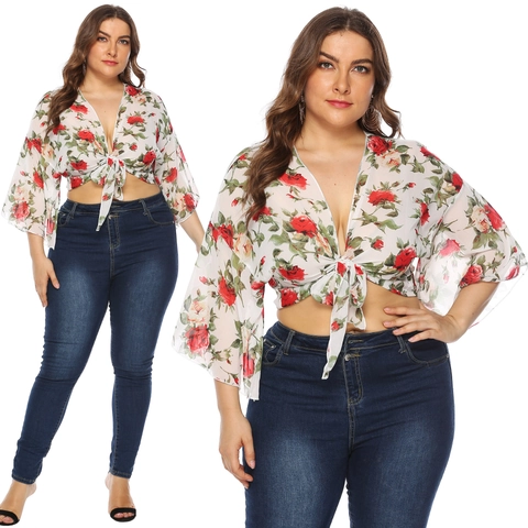 Cárdigan de Gasa con Estampado de Rosas para Tallas Grandes Mujer Manga Acampanada Cuello en V Lazo Delantero Crop Top