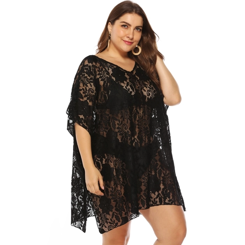 Plus Size Women Sexy Lace Hollow Out V Neck Mesh Bikini Cover Up Beachwear Top Polyester Floral Pattern Black