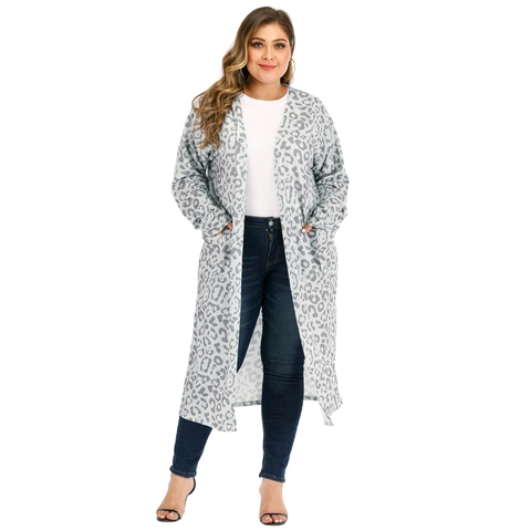 Damen Plus Size Strickjacke Mit Leopardenmuster Langarm Offene Front Jacke Mit Taschen Lässig Locker Lange Passform Top