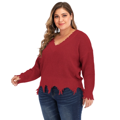 Plus Size Women V-Neck Knit Sweater Distressed Frayed Edge Oversized Pullover Long Sleeve Solid Color Jumper Top Casual Wear