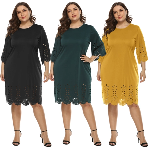 Women Plus Size Hollow Out A-Line Dress Three Quarter Sleeve Laser Cut Flower Hem Round Neck Solid Color Polyester Spandex Dress