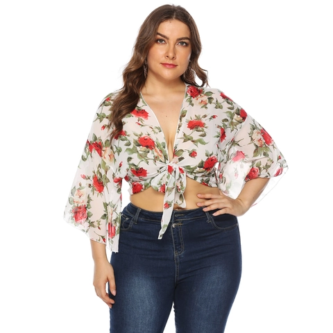 Cárdigan de Gasa con Estampado de Rosas para Tallas Grandes Mujer Manga Acampanada Cuello en V Lazo Delantero Crop Top