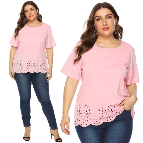 Camiseta de Talla Grande para Mujer Cuello Redondo Manga Corta Calado con Corte Láser Borde Ondulado Top Casual Color Sólido