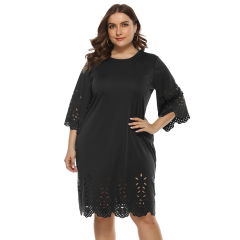 Women Plus Size Hollow Out A-Line Dress Three Quarter Sleeve Laser Cut Flower Hem Round Neck Solid Color Polyester Spandex Dress