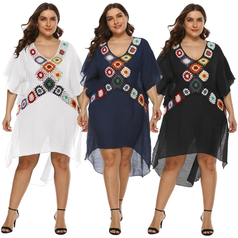 Damen Übergröße Boho Gehäkelt Blumen Patchwork Strandkleid V-Ausschnitt Fledermausärmel Unregelmäßig High-Low Saum Cover Up