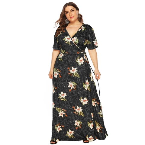 Damen Plus Size V-Ausschnitt Blumenmuster Wickelkleid Maxi Kurzarm Schlitz Taille Bindegürtel Sommer Boho Lang Kleid