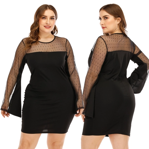 Women Plus Size Black Mesh Patchwork Polka Dot Bell Sleeve Bodycon Mini Dress Elegant Sexy Long Sleeve Party Short Dress