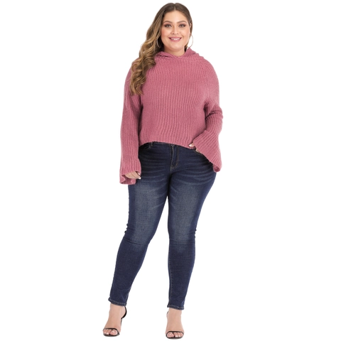 Women's Plus Size Bell Sleeve Hooded Knit Sweater Loose Chunky Pullover Top Plain Casual Solid Color Long Sleeve Knitwear