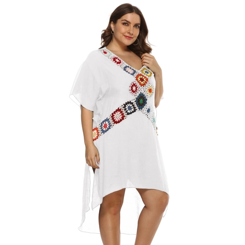 Plus Size Women Crochet Patchwork Beach Cover Up V Neck Bohemian Irregular Hem Split Beach Dress Polyester Summer Tunic Top