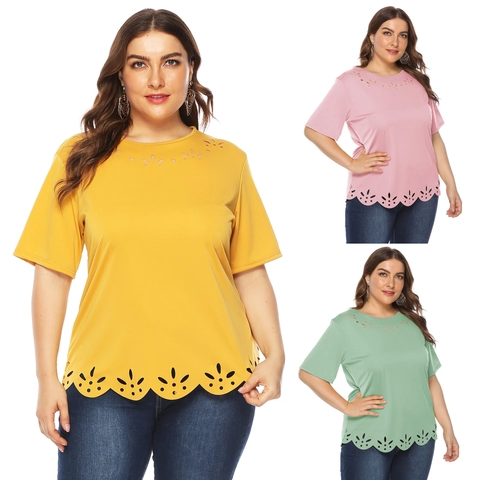 Camiseta de Talla Grande para Mujer Calado Corte por Láser Dobladillo Festoneado Manga Corta Cuello Redondo Color Sólido Top Casual de Verano