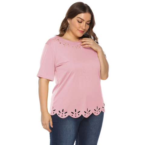 Camiseta de Talla Grande para Mujer Calado Corte por Láser Dobladillo Festoneado Manga Corta Cuello Redondo Color Sólido Top Casual de Verano