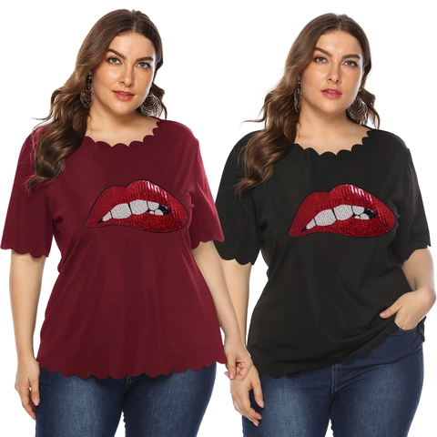 Damen Plus Size T-Shirt Pailletten Lippen Applikation Wellenkante Kurzarm Rundhals Lässig Locker Sommer Top