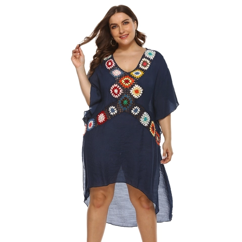Damen Übergröße Boho Gehäkelt Blumen Patchwork Strandkleid V-Ausschnitt Fledermausärmel Unregelmäßig High-Low Saum Cover Up