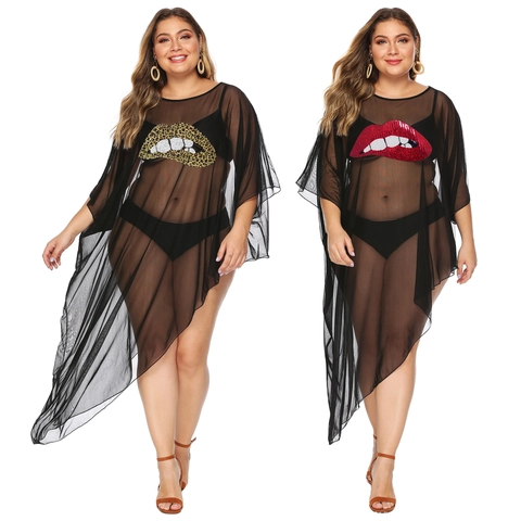 Damen Übergröße Sexy Durchsichtiger Netzstoff Strand-Abdeckung Pailletten Lippen Patch Unregelmäßiger Saum Fledermausärmel Bikini Smock