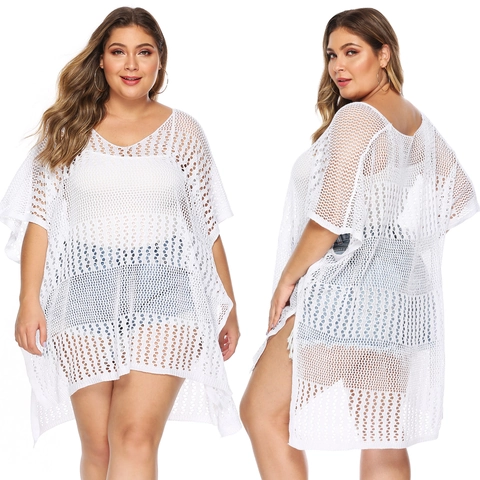 Damen Plus Size Häkelarbeit Ausgehöhlt Strandkleid V-Ausschnitt Fledermausärmel Locker Strick Badeanzug Coverup Tunika Tops