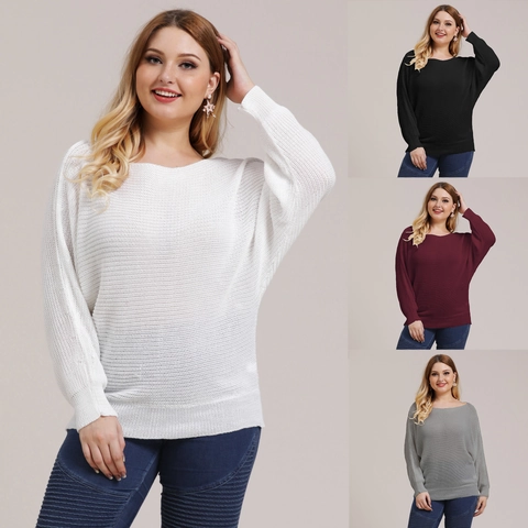 Plus Size Women Casual Solid Knit Sweater Round Neck Batwing Sleeve Loose Pullover Warm Autumn Winter Tops Ladies Fashion Knitwear