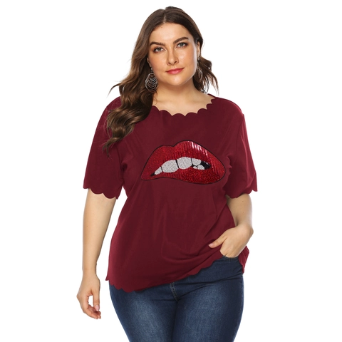 Damen Plus Size T-Shirt Pailletten Lippen Applikation Wellenkante Kurzarm Rundhals Lässig Locker Sommer Top