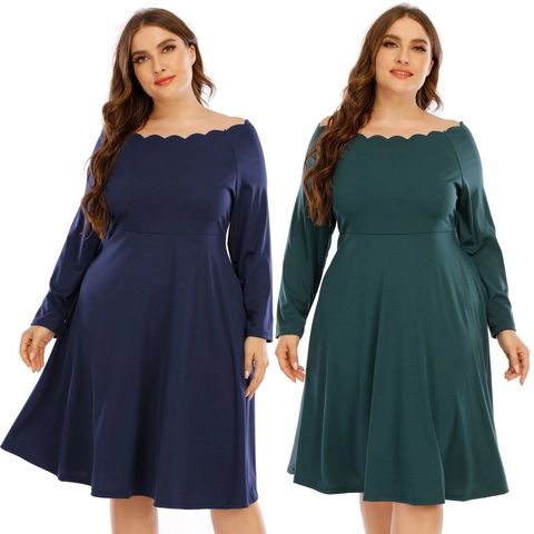 Women Plus Size Scalloped Off Shoulder Long Sleeve Midi Dress Elegant Solid Color Polyester A-Line Commute Dress