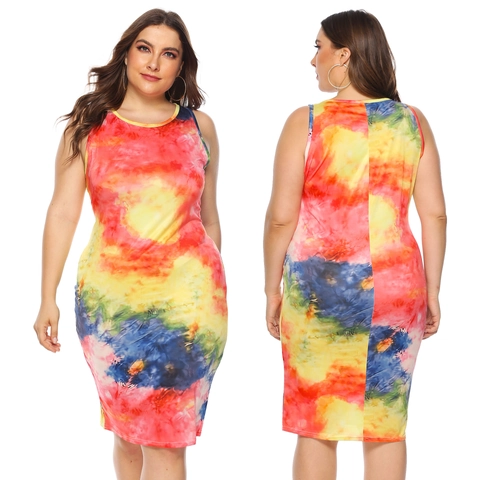Dames Plus Size Tie Dye Mouwloze Jurk Ronde Hals Bodycon Meerkleurig Zomer Casual Feest Midi Tank Jurk