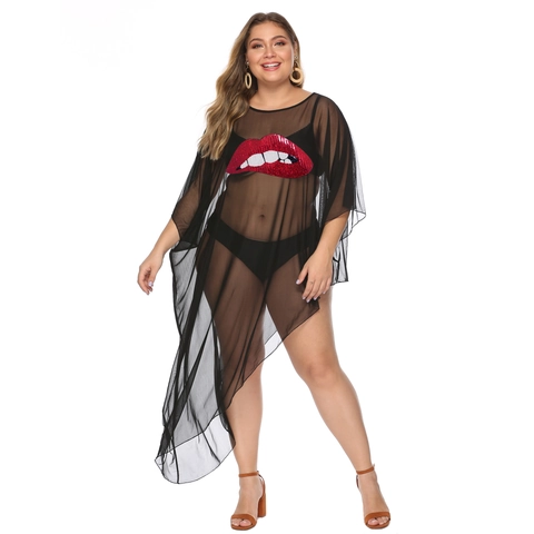 Damen Übergröße Sexy Durchsichtiger Netzstoff Strand-Abdeckung Pailletten Lippen Patch Unregelmäßiger Saum Fledermausärmel Bikini Smock