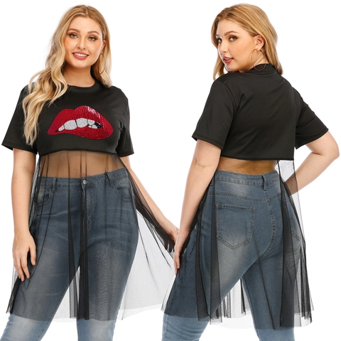 Damen Übergrößen T-Shirt Netz-Spleißen Langes Oberteil Modische Rote Lippen Pailletten Stickerei Kurzarm Schwarz Casual Top