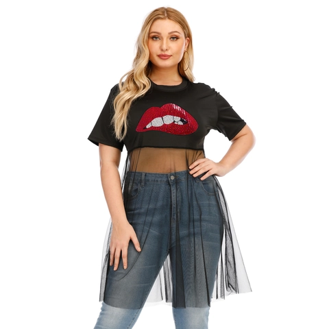 Damen Übergrößen T-Shirt Netz-Spleißen Langes Oberteil Modische Rote Lippen Pailletten Stickerei Kurzarm Schwarz Casual Top