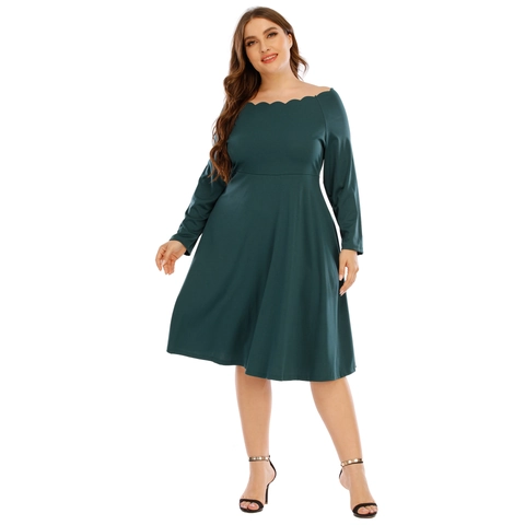 Women Plus Size Scalloped Off Shoulder Long Sleeve Midi Dress Elegant Solid Color Polyester A-Line Commute Dress
