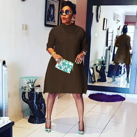 Women's Elegant Pleated A-Line Midi Dress Mock Neck Three Quarter Sleeve Solid Color Plus Size African Style Casual Party Dress