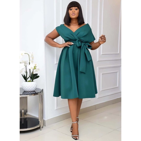 Women Elegant Plus Size Short Sleeve V Neck Off Shoulder Midi Dress High Waist Solid Color A Line Party Evening Gown With Bow